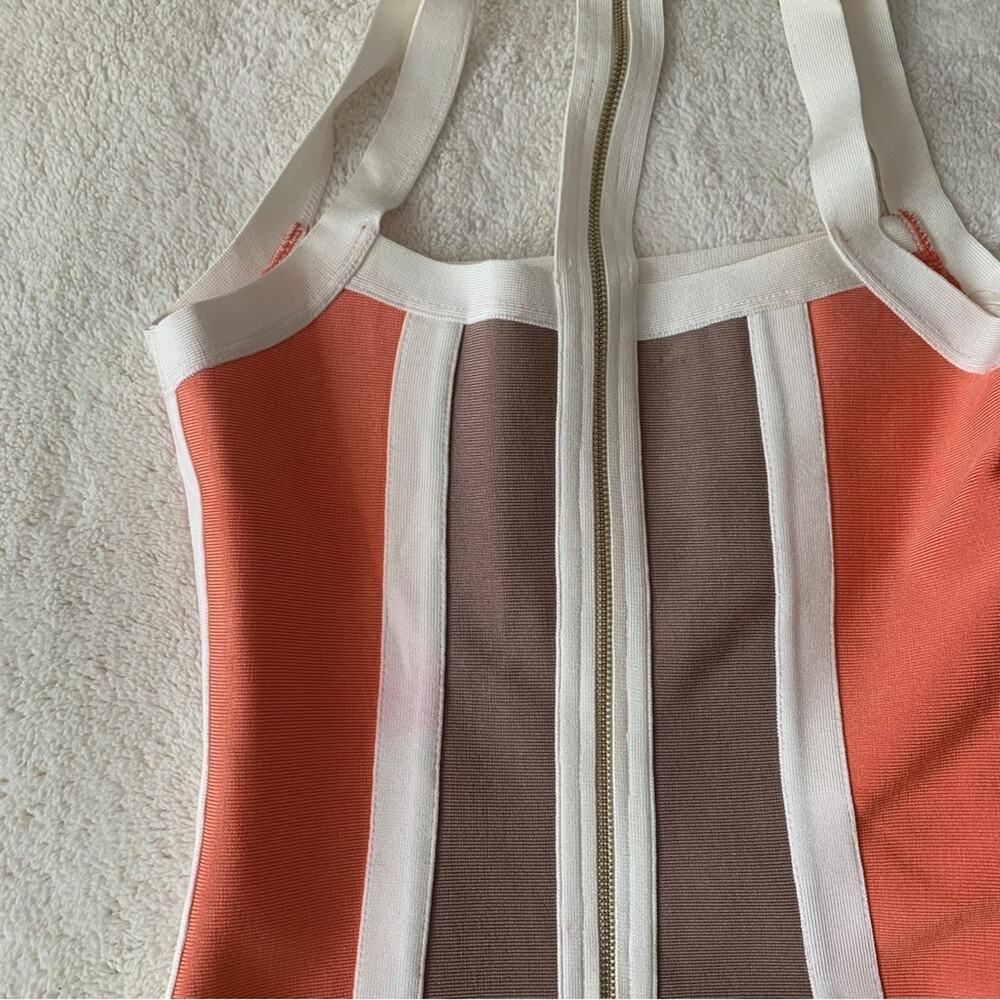 HOUSE OF CB Shah Bodycon Sexy Cut Out Orange Brown White Stripe Strap Mini Dress - Picture 6 of 12